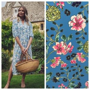 Blue Floral Midi Dress with V-Neck